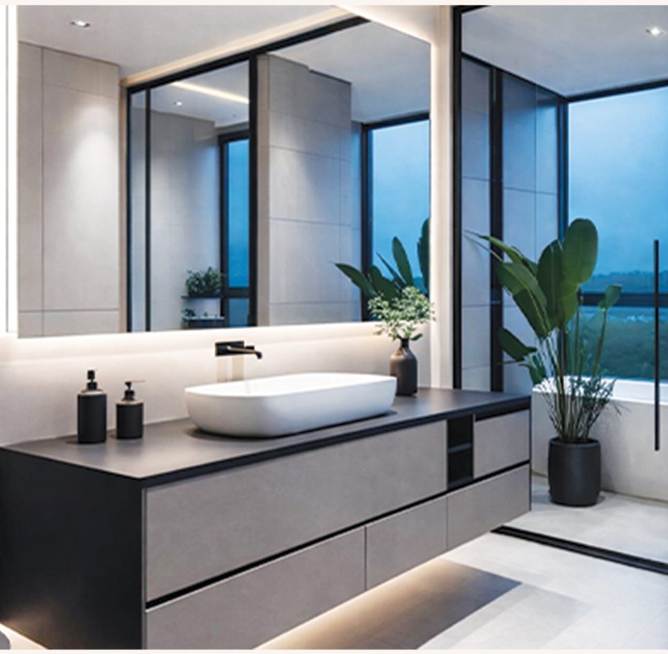 Floating grey vanity with a white basin and a backlit mirror