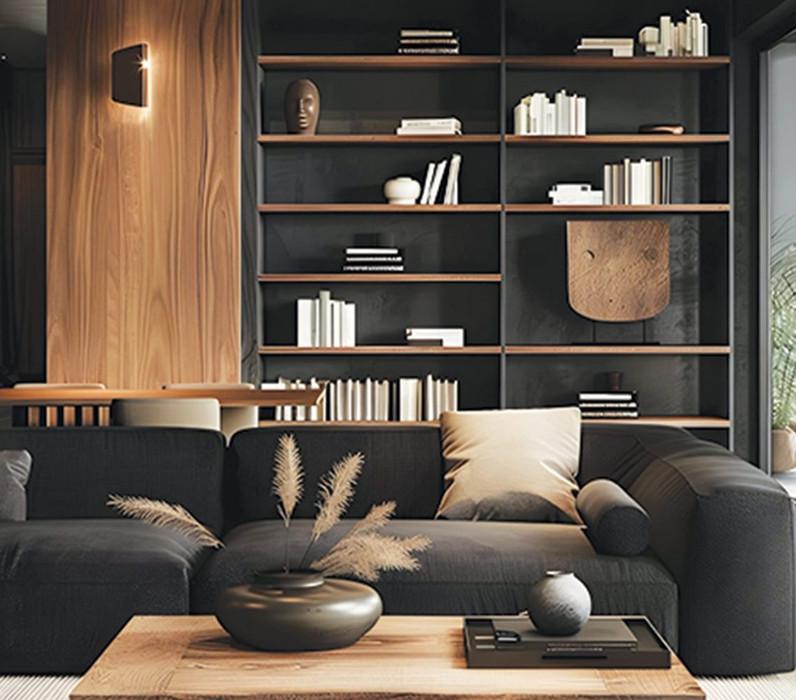 Charcoal sectional sofa in front of a full-height walnut and black bookshelf wall