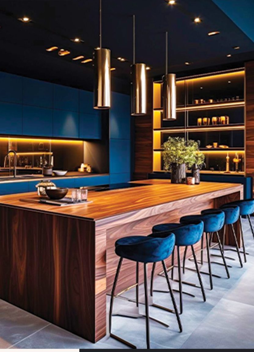 Walnut kitchen island with blue velvet stools under brass pendant lights