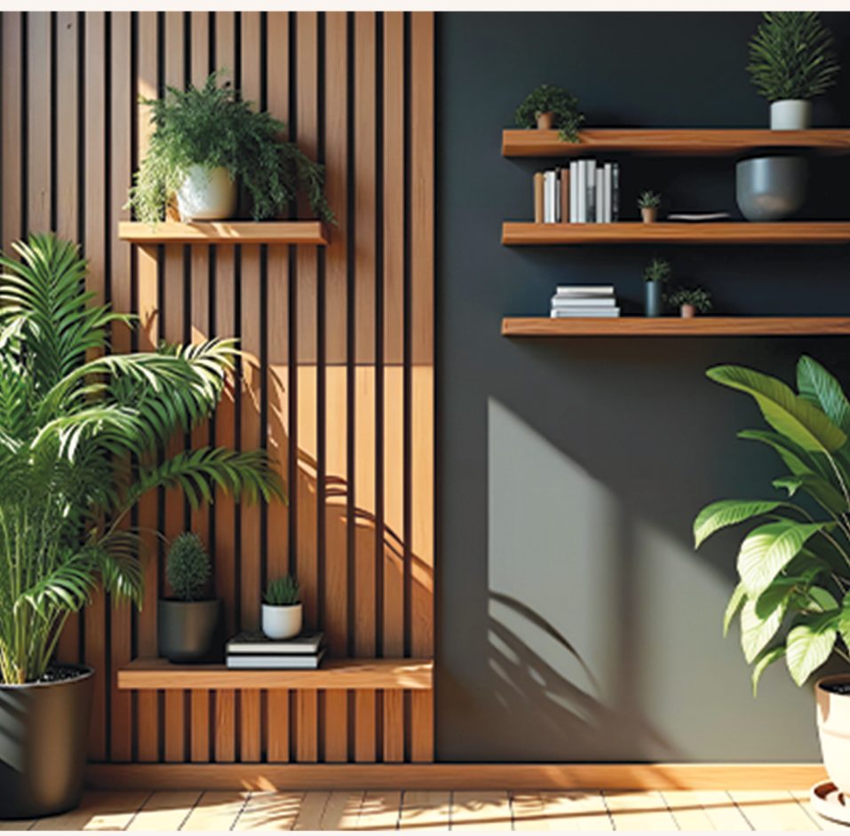 Oak slat feature wall with floating shelves and plants in afternoon light